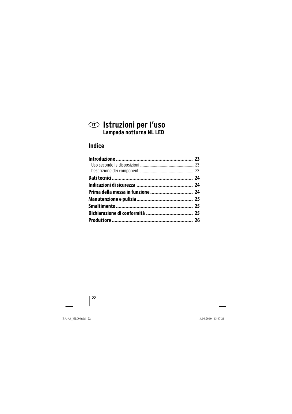 Istruzioni per l’uso, Indice, Lampada notturna nl led | Brennenstuhl Primera-Line Nightlight NL LED with PIR sensor and twilight sensor User Manual | Page 22 / 48