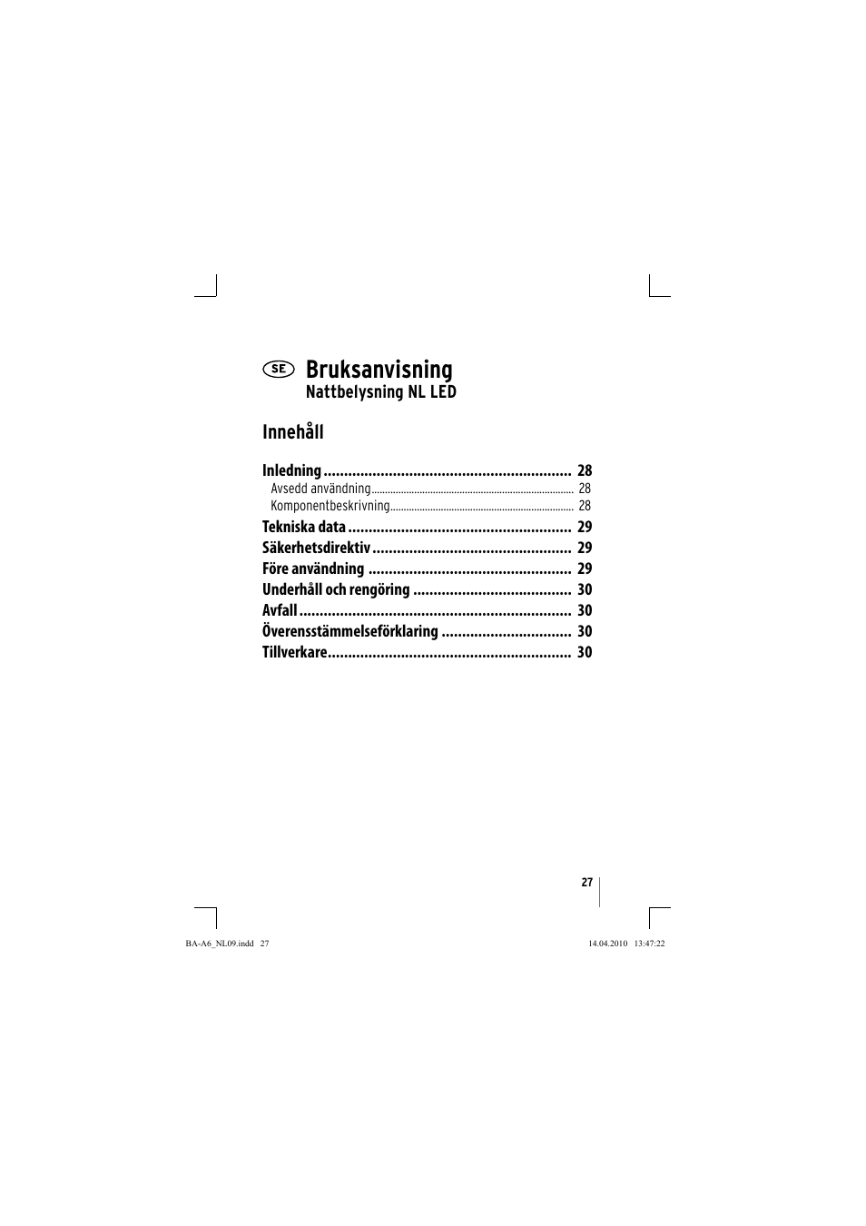 Bruksanvisning, Innehåll, Nattbelysning nl led | Brennenstuhl Primera-Line Nightlight NL LED with PIR sensor and twilight sensor User Manual | Page 27 / 48