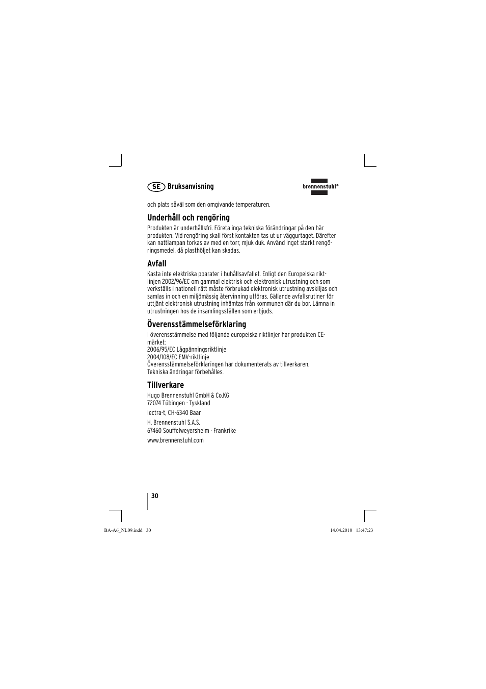 Underhåll och rengöring, Avfall, Överensstämmelseförklaring | Tillverkare | Brennenstuhl Primera-Line Nightlight NL LED with PIR sensor and twilight sensor User Manual | Page 30 / 48