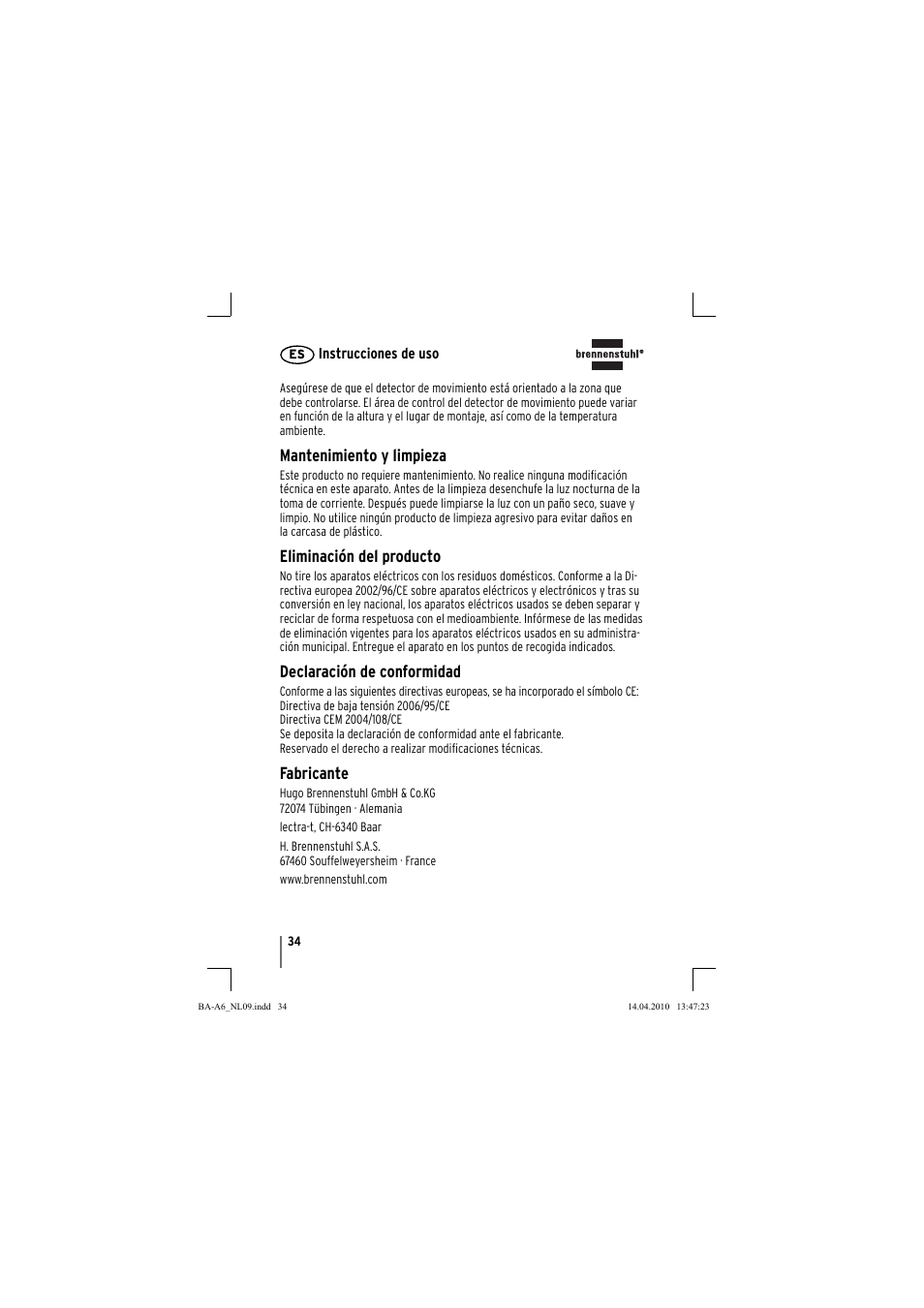 Mantenimiento y limpieza, Eliminación del producto, Declaración de conformidad | Fabricante | Brennenstuhl Primera-Line Nightlight NL LED with PIR sensor and twilight sensor User Manual | Page 34 / 48
