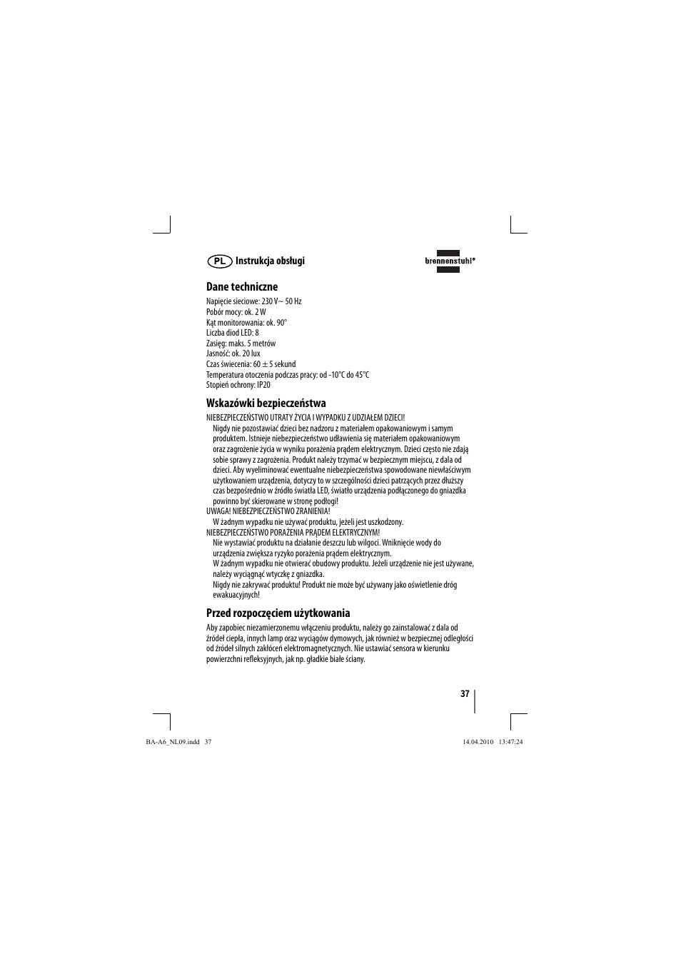 Dane techniczne, Wskazówki bezpieczeństwa, Przed rozpoczęciem użytkowania | Brennenstuhl Primera-Line Nightlight NL LED with PIR sensor and twilight sensor User Manual | Page 37 / 48