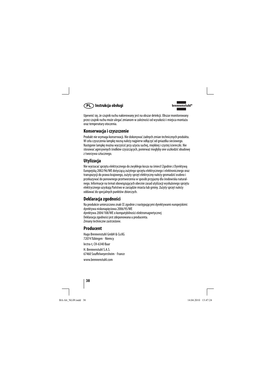 Konserwacja i czyszczenie, Utylizacja, Deklaracja zgodności | Producent | Brennenstuhl Primera-Line Nightlight NL LED with PIR sensor and twilight sensor User Manual | Page 38 / 48