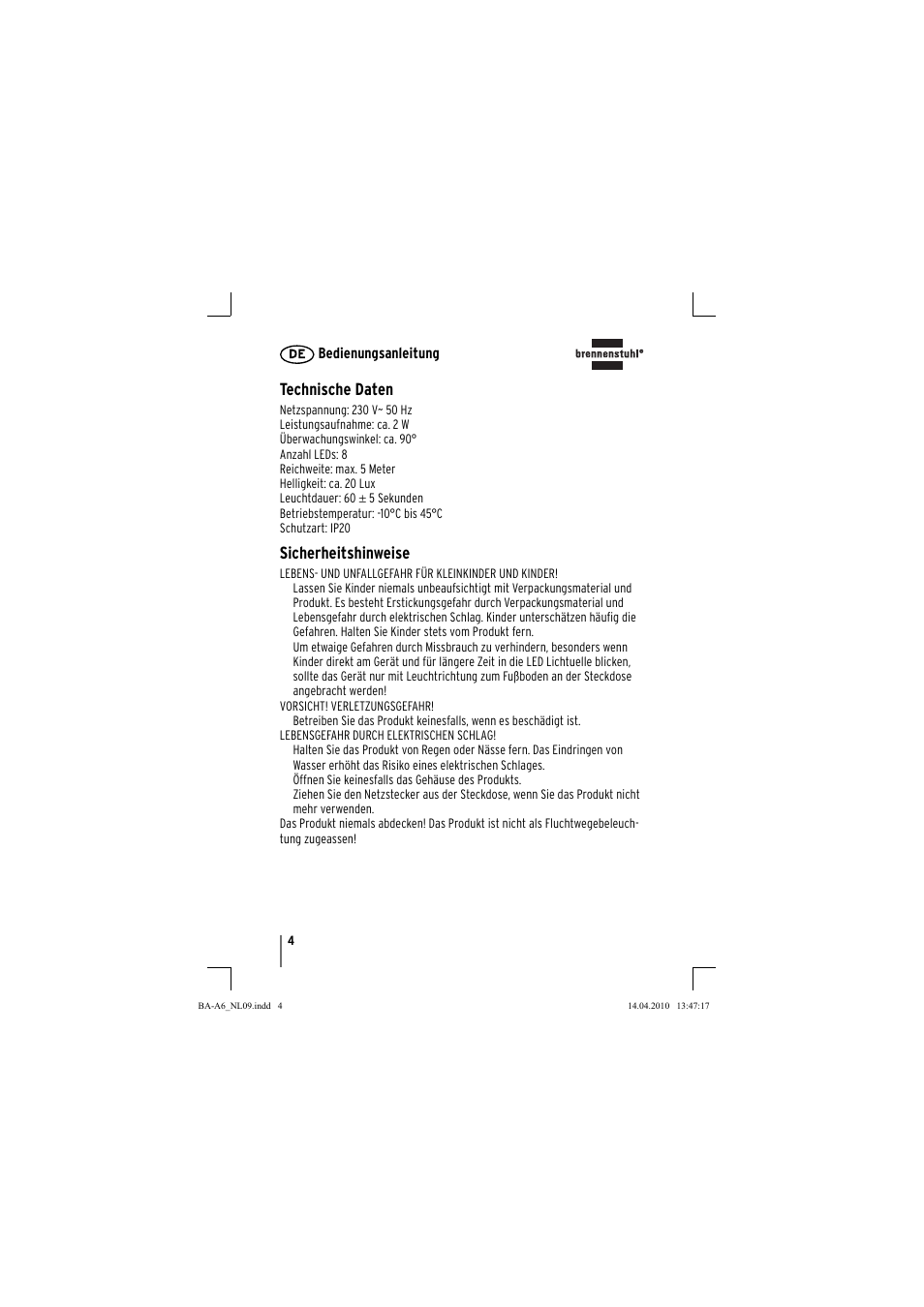 Technische daten, Sicherheitshinweise | Brennenstuhl Primera-Line Nightlight NL LED with PIR sensor and twilight sensor User Manual | Page 4 / 48