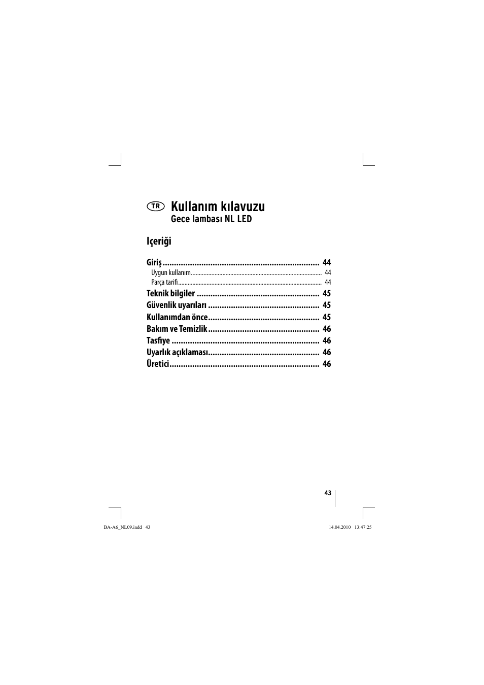 Kullanım kılavuzu, Içeriği, Gece lambası nl led | Brennenstuhl Primera-Line Nightlight NL LED with PIR sensor and twilight sensor User Manual | Page 43 / 48
