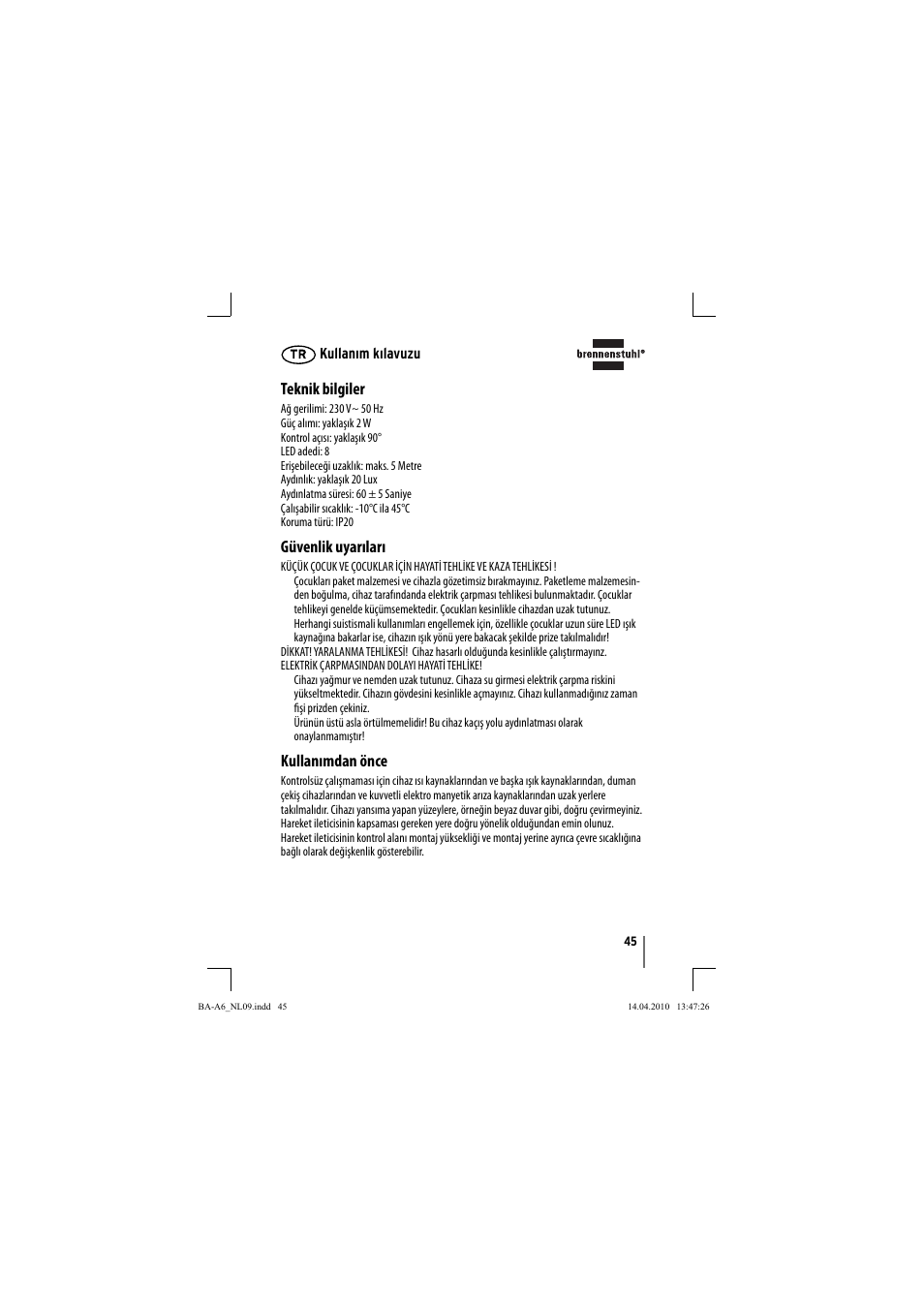 Teknik bilgiler, Güvenlik uyarıları, Kullanımdan önce | Brennenstuhl Primera-Line Nightlight NL LED with PIR sensor and twilight sensor User Manual | Page 45 / 48