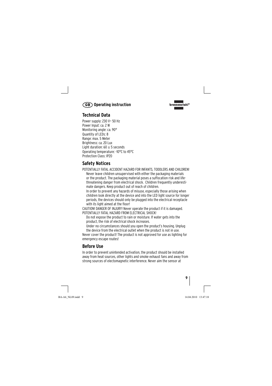 Technical data, Safety notices, Before use | Brennenstuhl Primera-Line Nightlight NL LED with PIR sensor and twilight sensor User Manual | Page 9 / 48