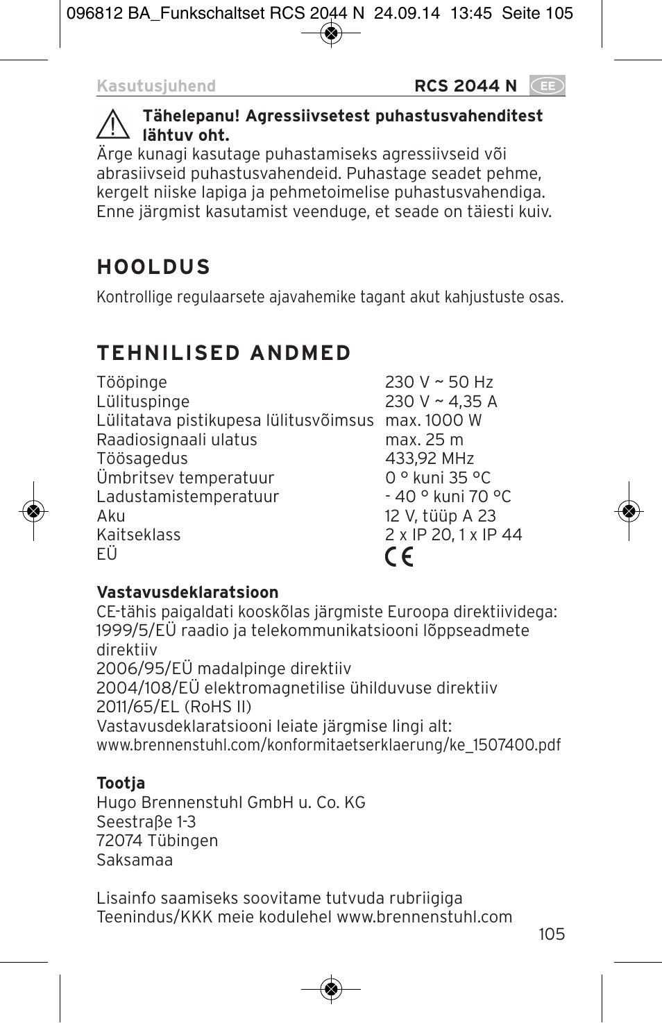 Brennenstuhl Remote Control Set RCS 2044 N Comfort User Manual | Page 105 / 108