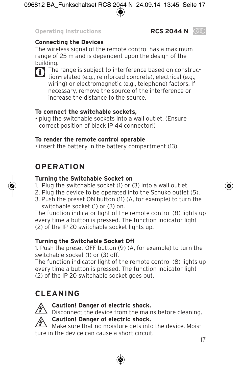 O p e rat i o n | Brennenstuhl Remote Control Set RCS 2044 N Comfort User Manual | Page 17 / 108