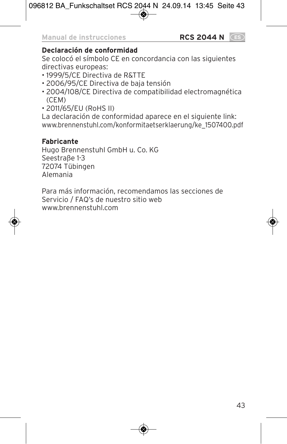 Brennenstuhl Remote Control Set RCS 2044 N Comfort User Manual | Page 43 / 108