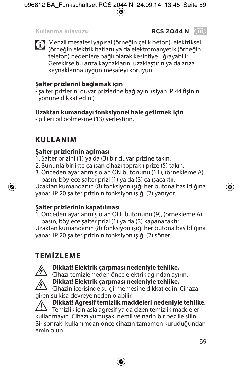 Kullanim, Temizleme | Brennenstuhl Remote Control Set RCS 2044 N Comfort User Manual | Page 59 / 108