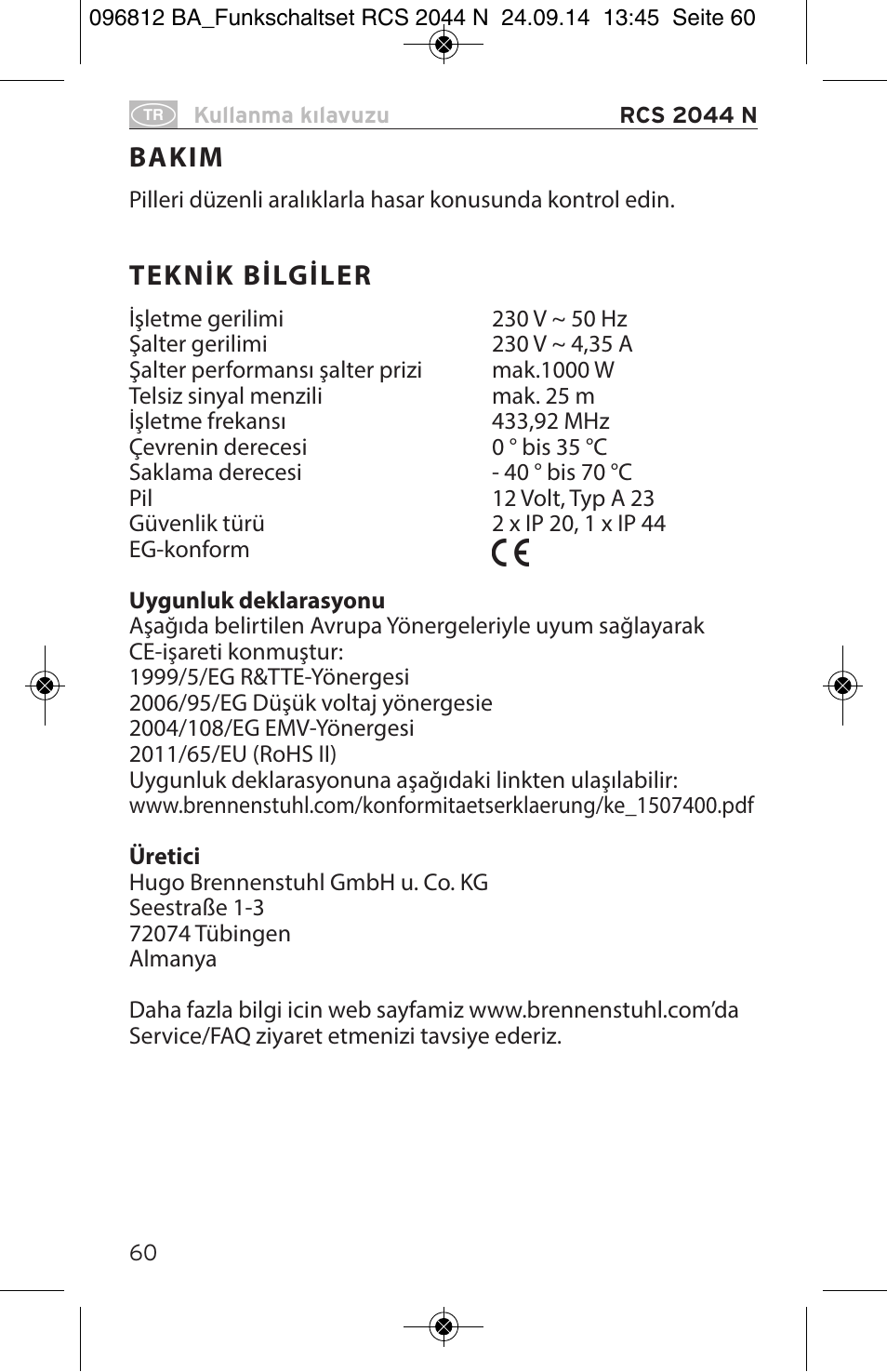 Bakim, Teknik bilgiler | Brennenstuhl Remote Control Set RCS 2044 N Comfort User Manual | Page 60 / 108