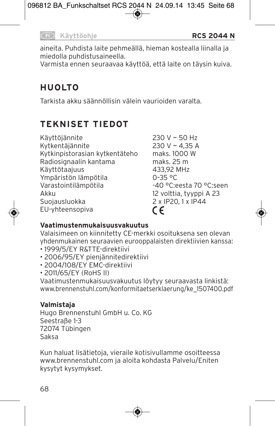 H u o lto | Brennenstuhl Remote Control Set RCS 2044 N Comfort User Manual | Page 68 / 108