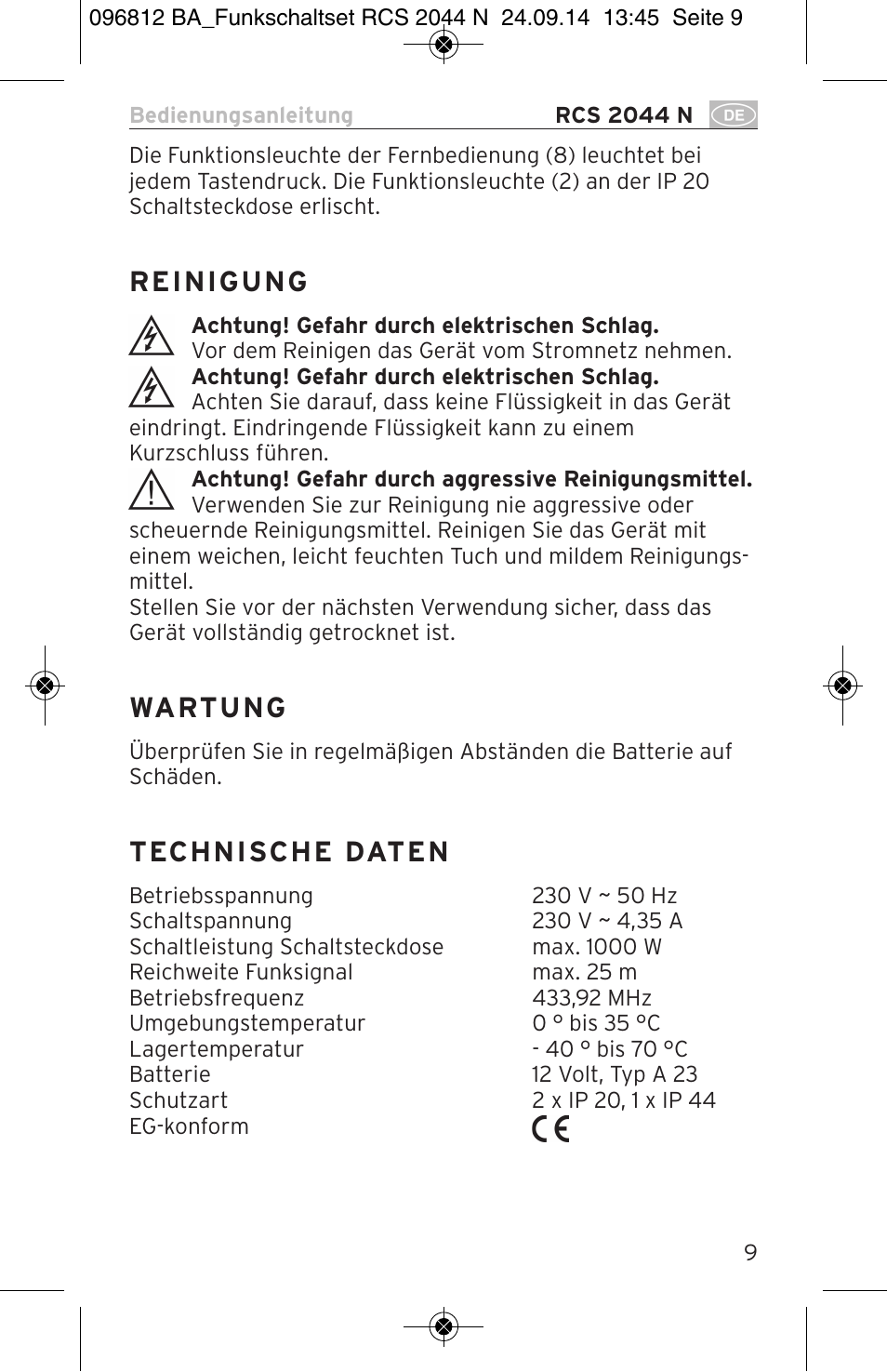 Wa rt u n g | Brennenstuhl Remote Control Set RCS 2044 N Comfort User Manual | Page 9 / 108