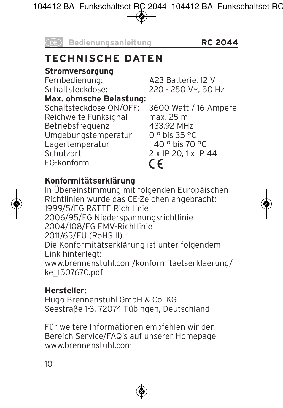 Brennenstuhl Primera-Line Remote control set RC 2044 User Manual | Page 10 / 56