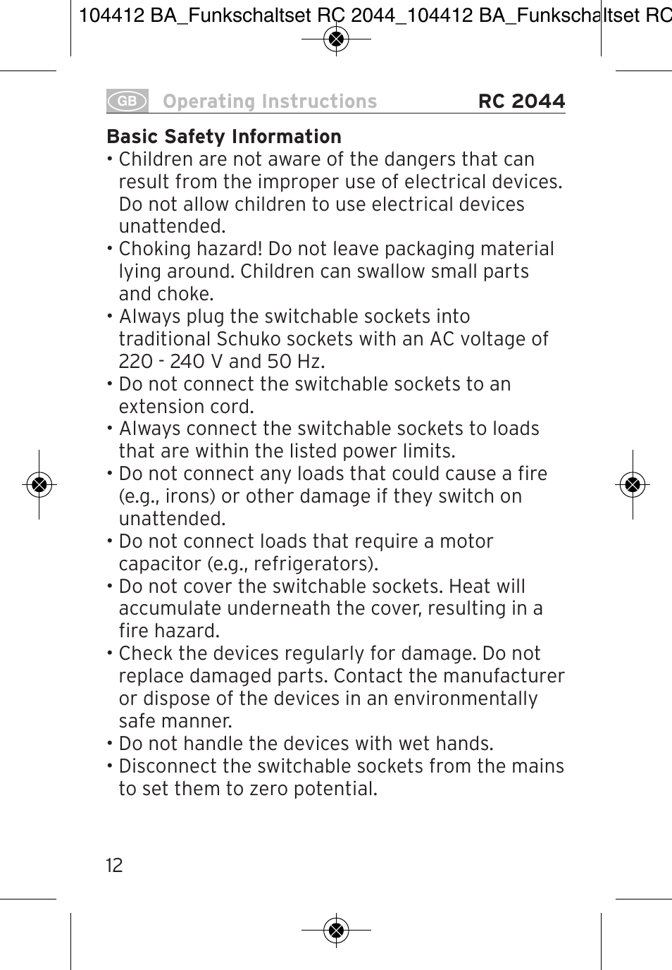 Brennenstuhl Primera-Line Remote control set RC 2044 User Manual | Page 12 / 56