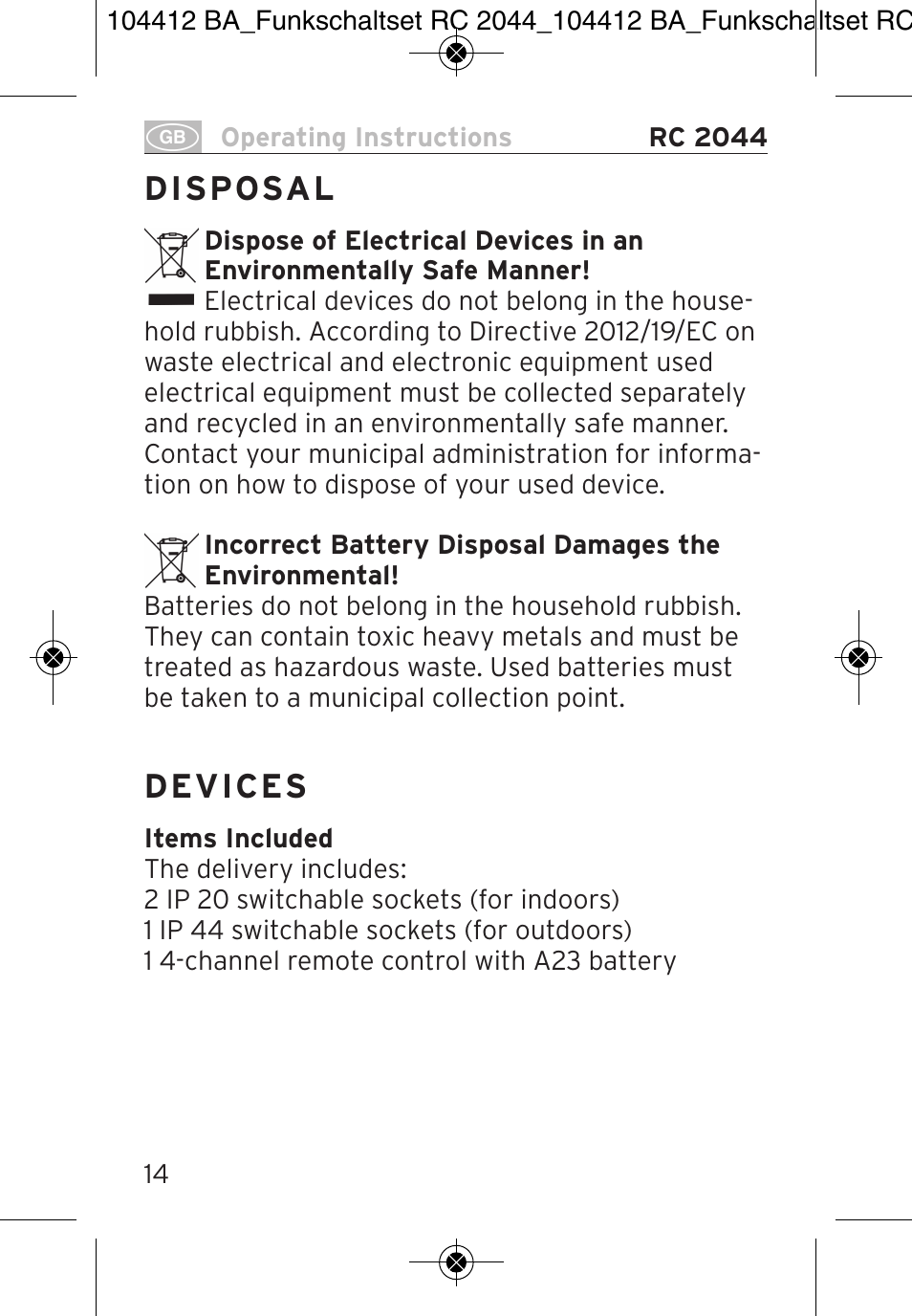 D ev i c es | Brennenstuhl Primera-Line Remote control set RC 2044 User Manual | Page 14 / 56