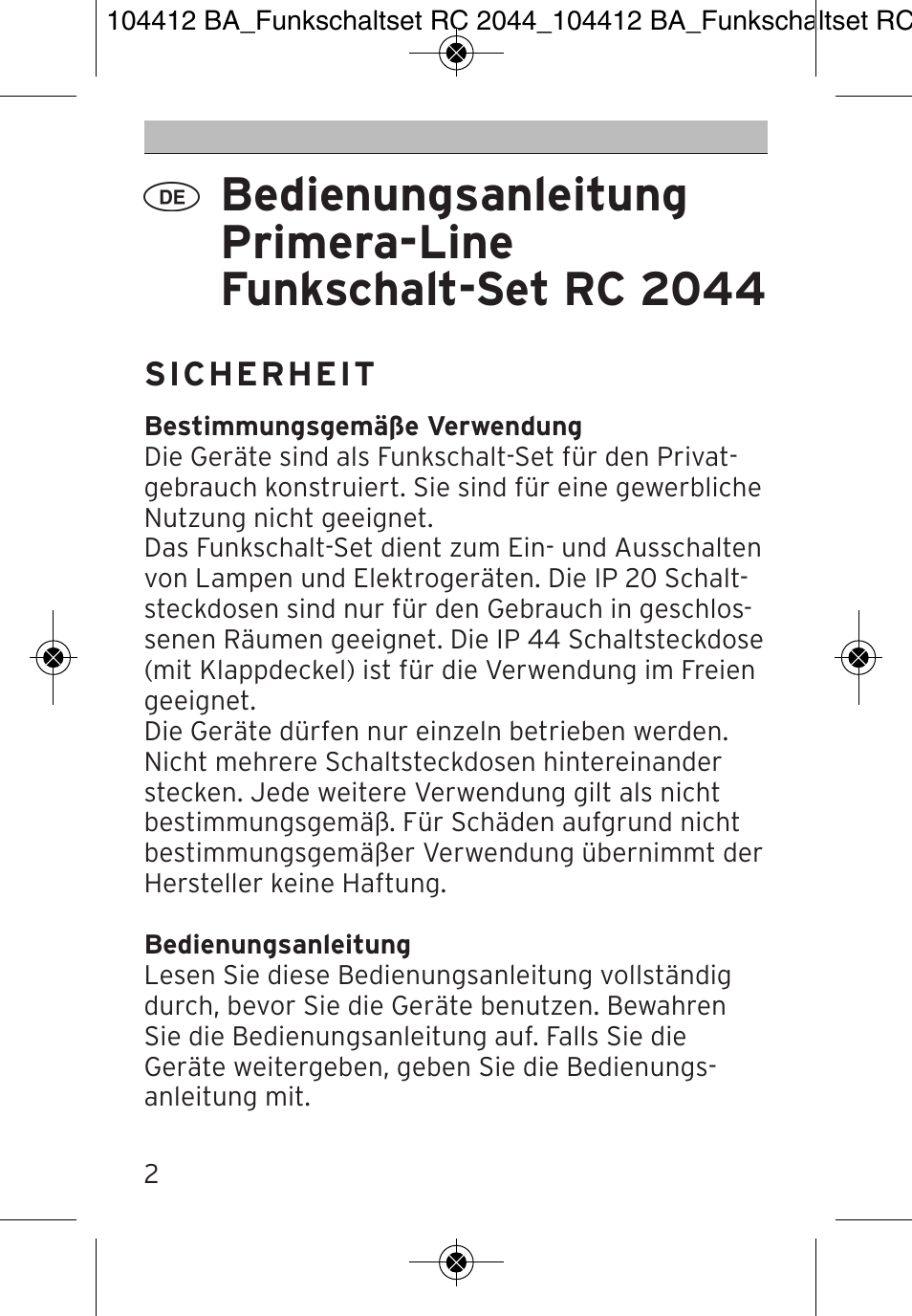 Brennenstuhl Primera-Line Remote control set RC 2044 User Manual | Page 2 / 56