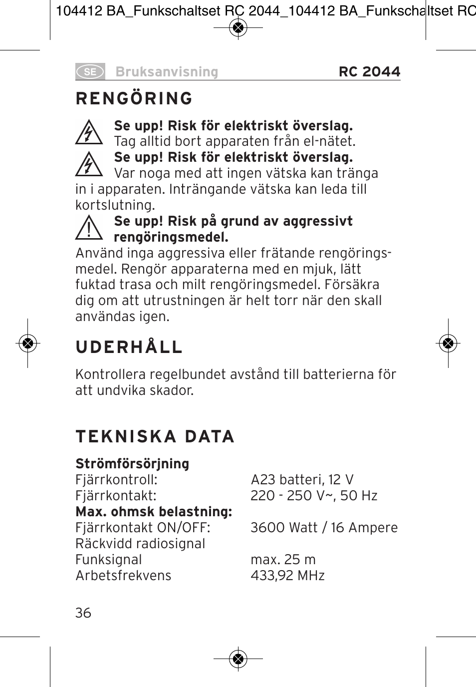 Brennenstuhl Primera-Line Remote control set RC 2044 User Manual | Page 36 / 56