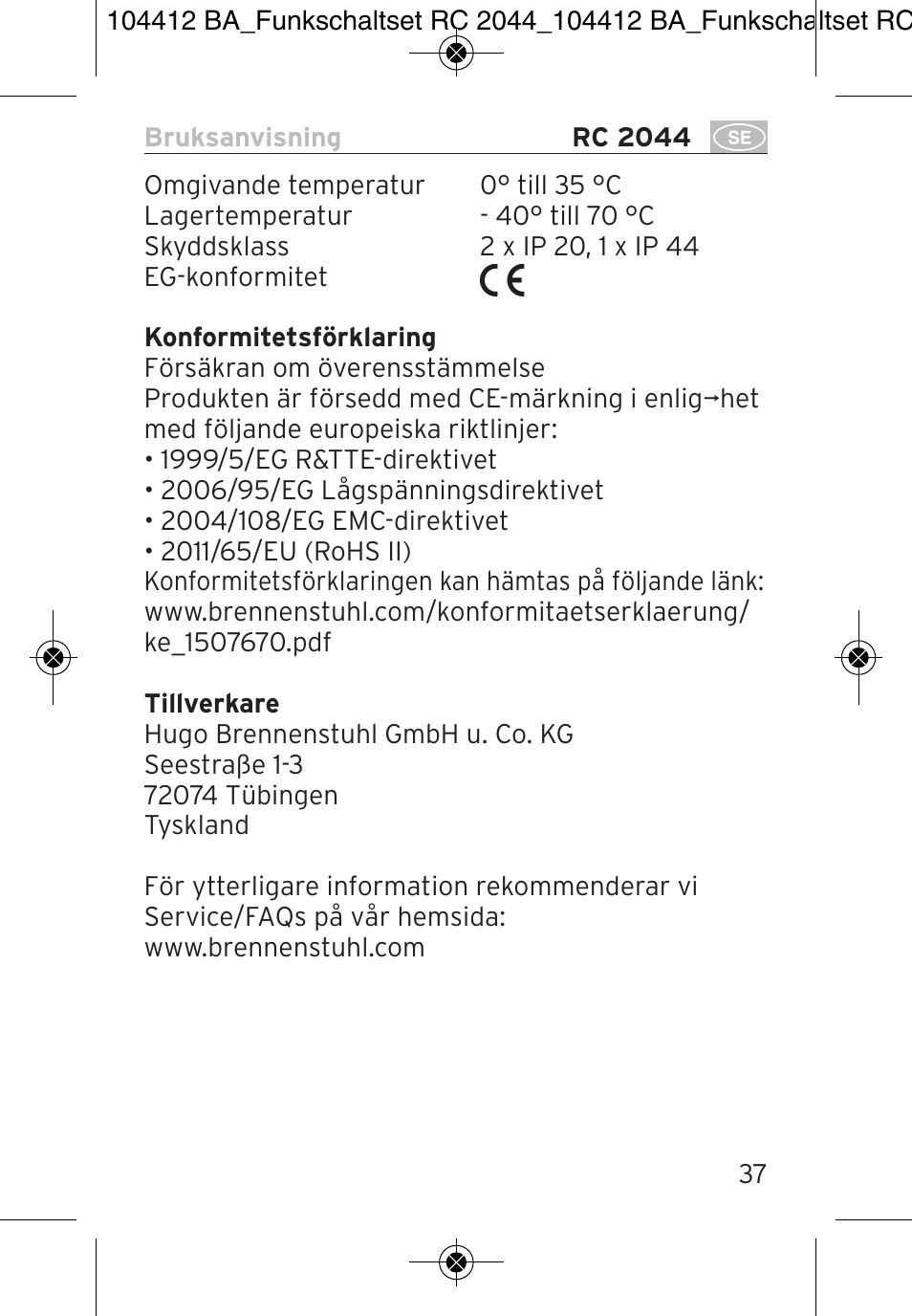 Brennenstuhl Primera-Line Remote control set RC 2044 User Manual | Page 37 / 56