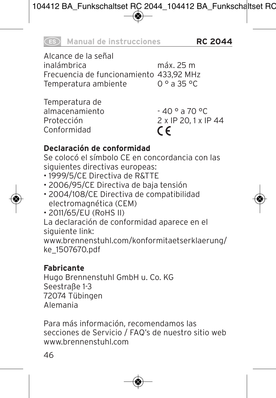 Brennenstuhl Primera-Line Remote control set RC 2044 User Manual | Page 46 / 56