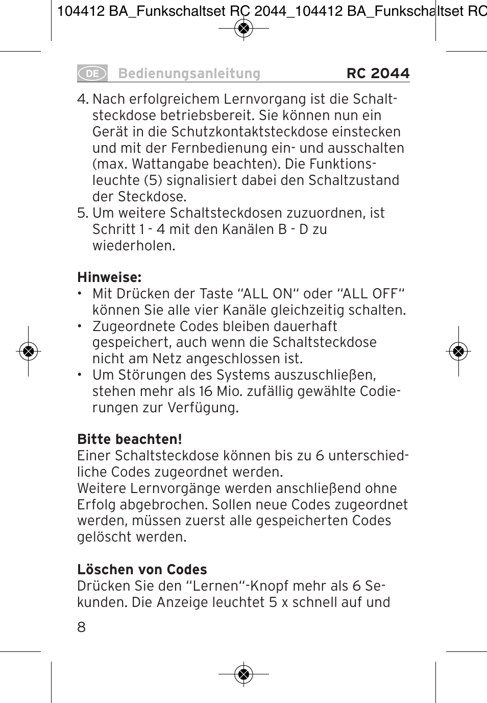 Brennenstuhl Primera-Line Remote control set RC 2044 User Manual | Page 8 / 56