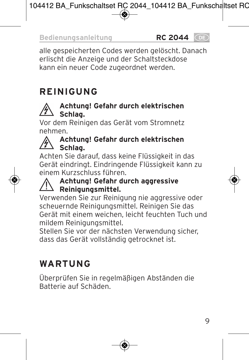 Wa rt u n g | Brennenstuhl Primera-Line Remote control set RC 2044 User Manual | Page 9 / 56