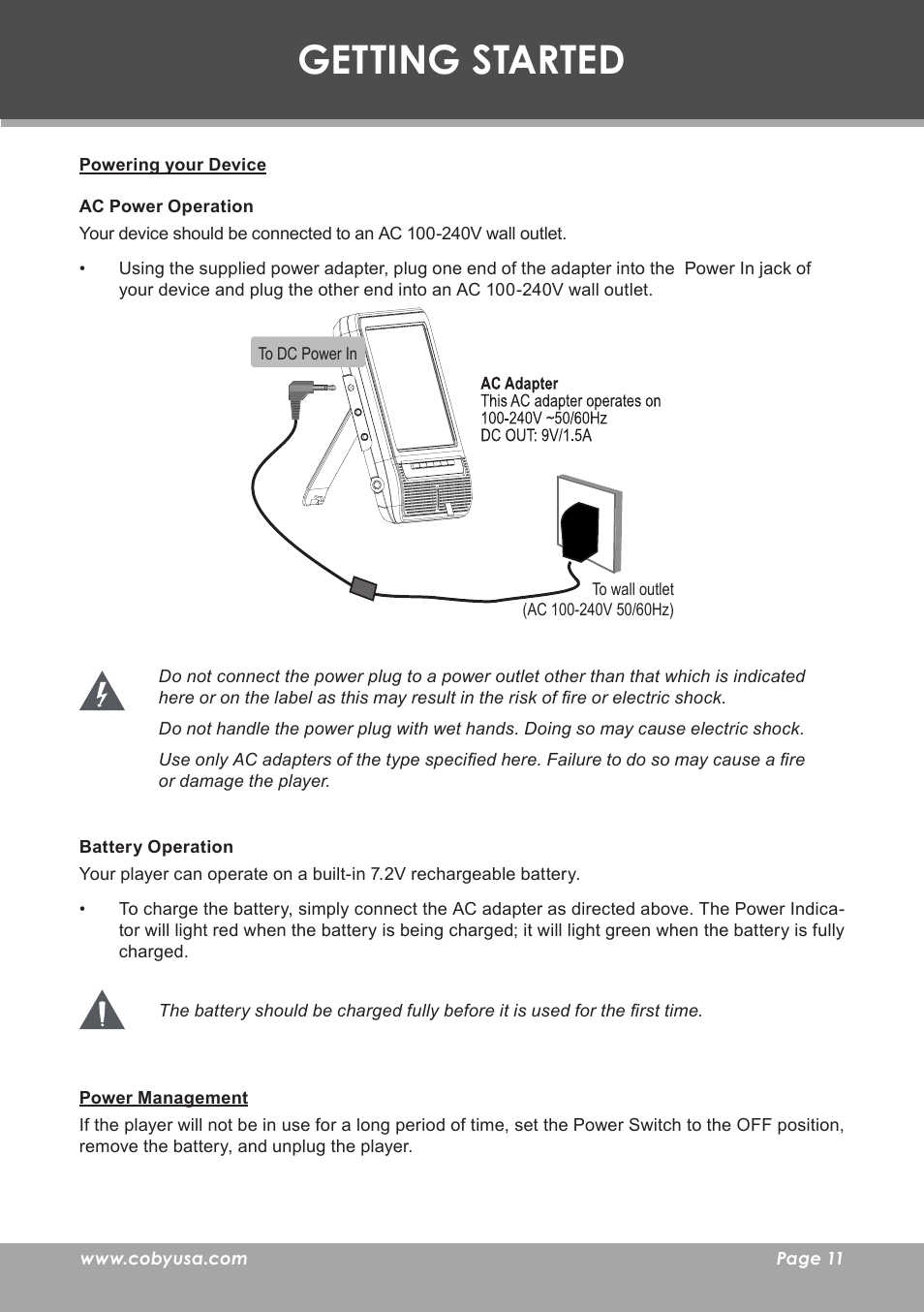 Getting started, Powering your device, Ac power operation | Battery operation, Power management | COBY electronic TF-TV705 User Manual | Page 11 / 20