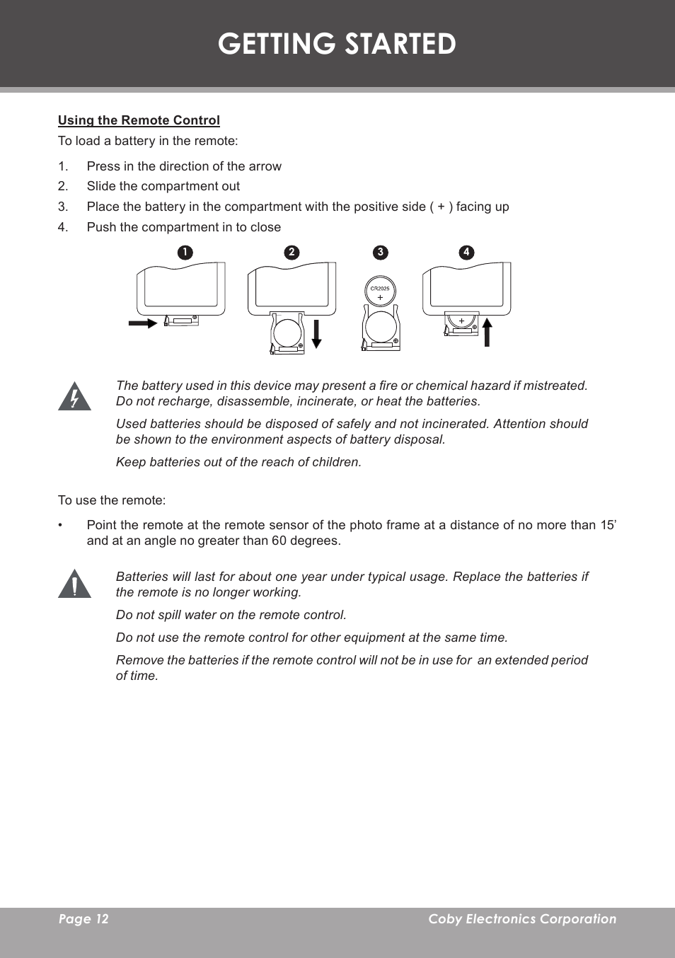 Using the remote control, Getting started | COBY electronic TF-TV705 User Manual | Page 12 / 20