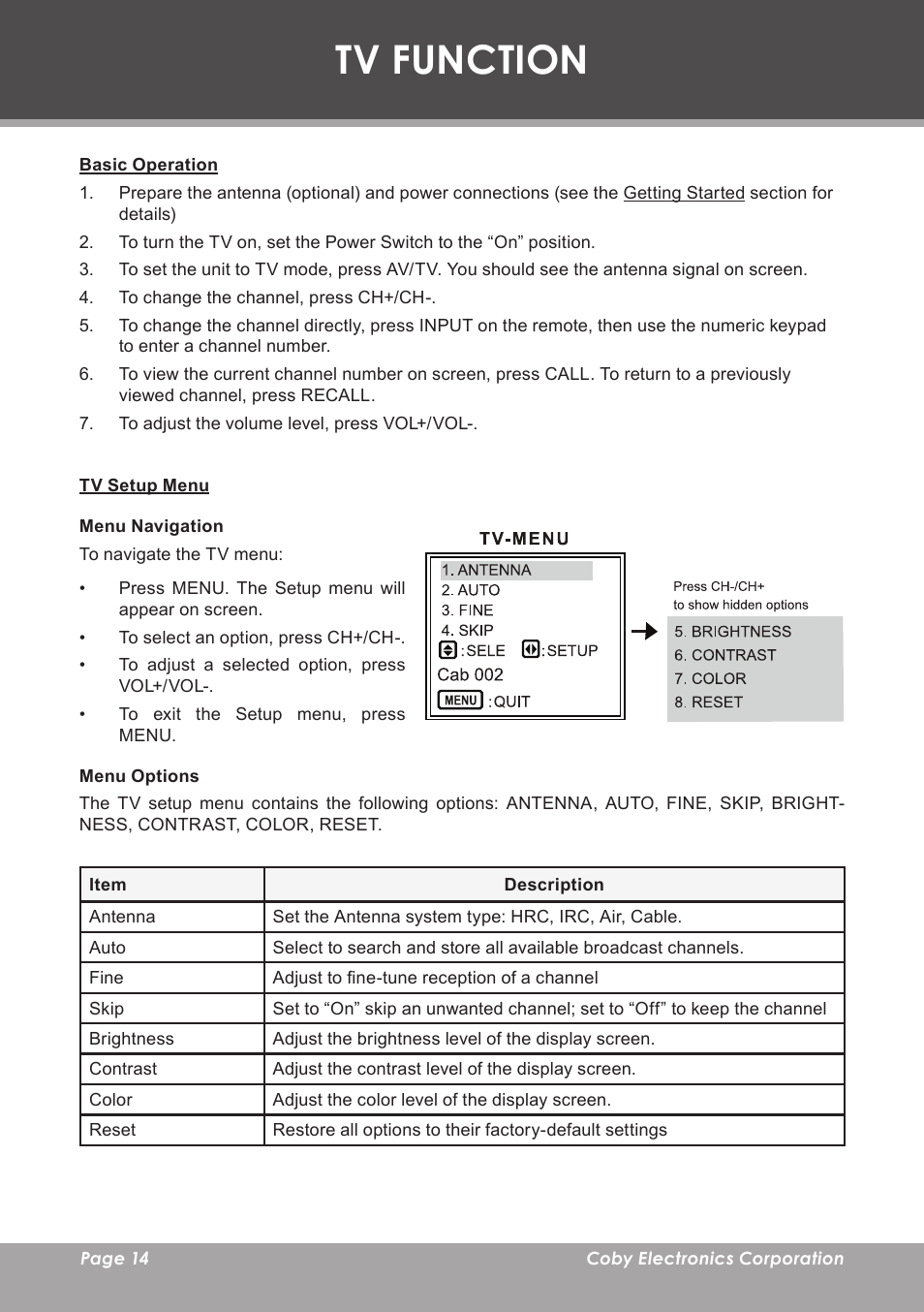 Tv function, Basic operation, Tv setup menu | Menu navigation, Menu options | COBY electronic TF-TV705 User Manual | Page 14 / 20