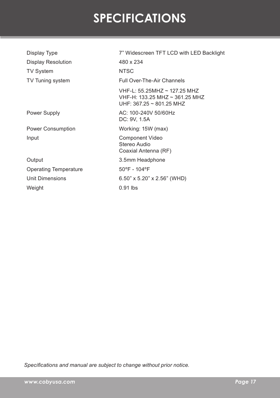 Specifications | COBY electronic TF-TV705 User Manual | Page 17 / 20