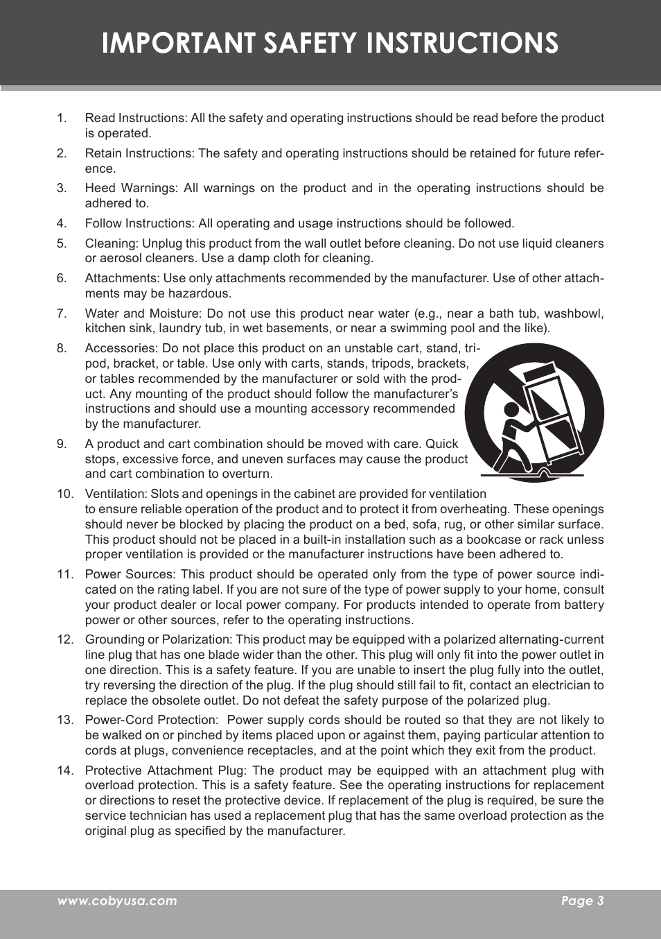 Important safety instructions | COBY electronic TF-TV705 User Manual | Page 3 / 20