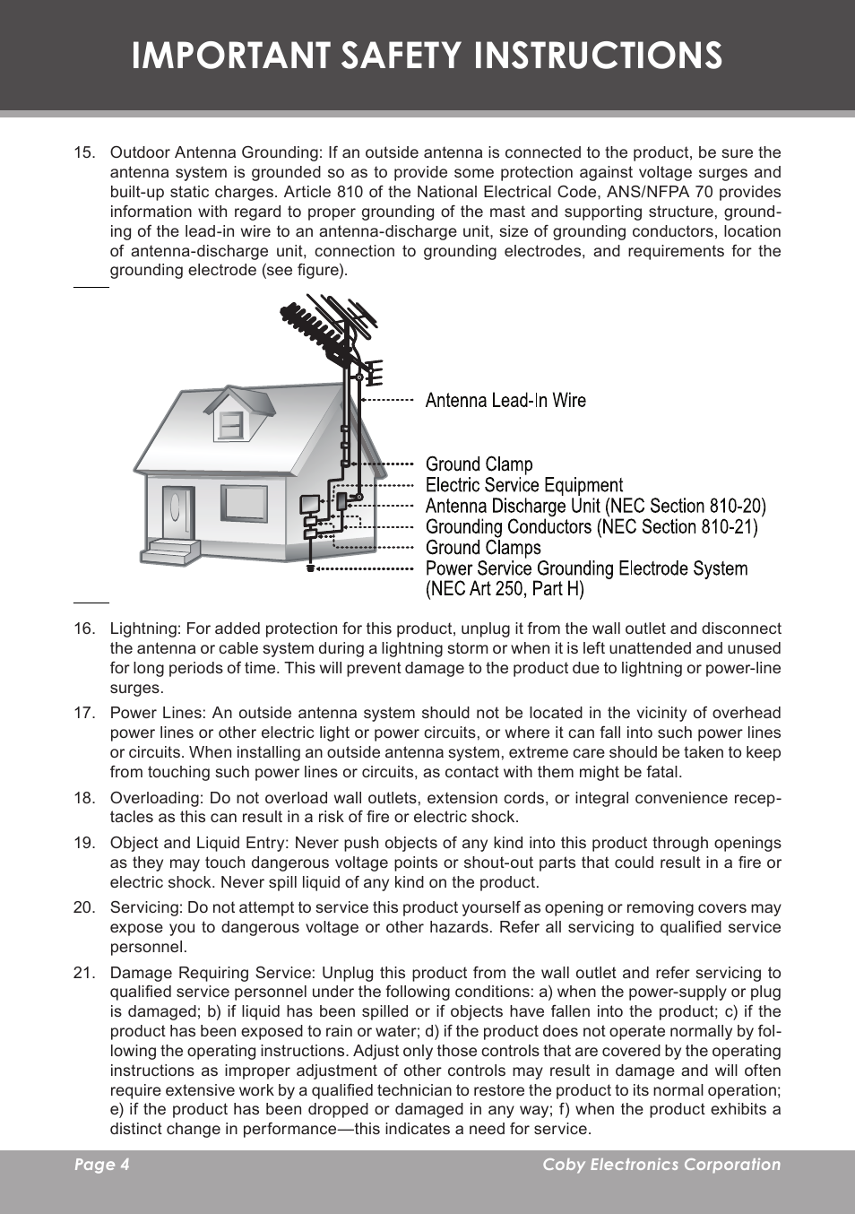 Important safety instructions | COBY electronic TF-TV705 User Manual | Page 4 / 20