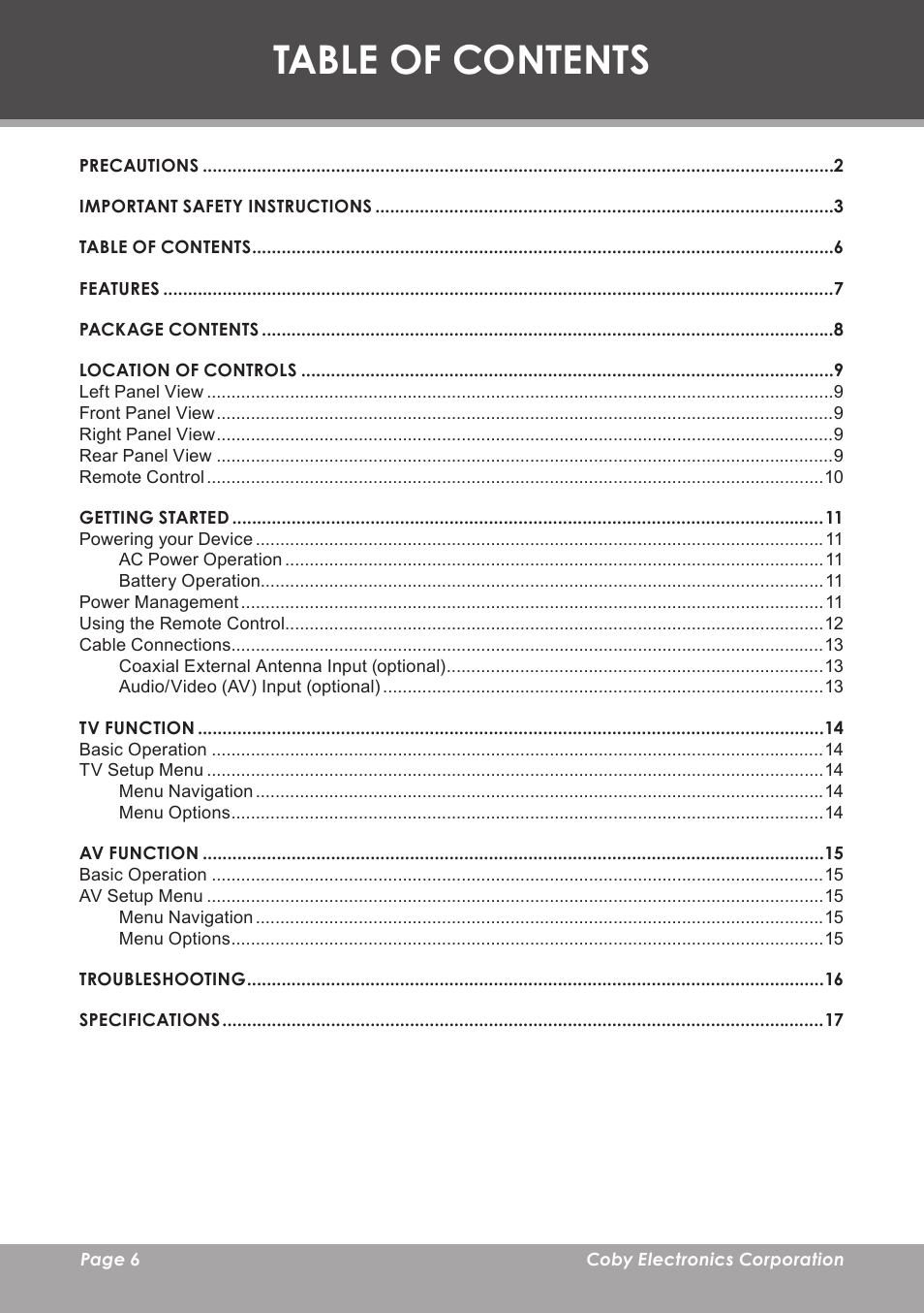 COBY electronic TF-TV705 User Manual | Page 6 / 20