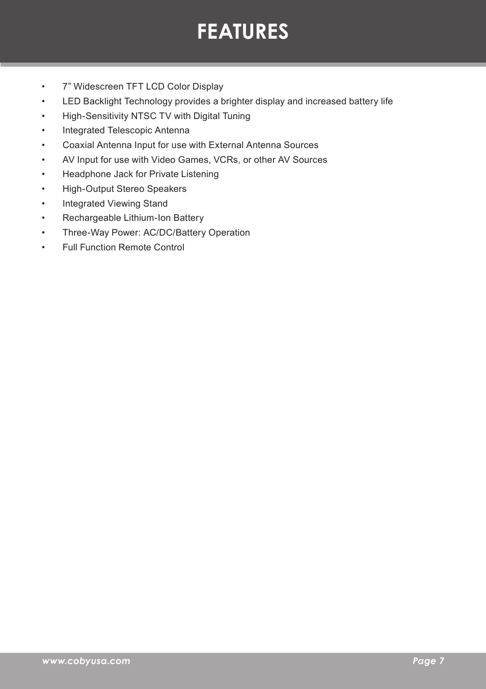 Features | COBY electronic TF-TV705 User Manual | Page 7 / 20
