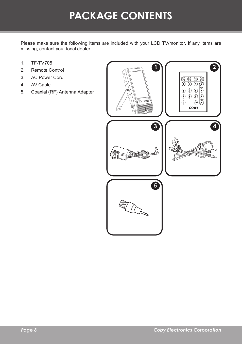 Package contents | COBY electronic TF-TV705 User Manual | Page 8 / 20