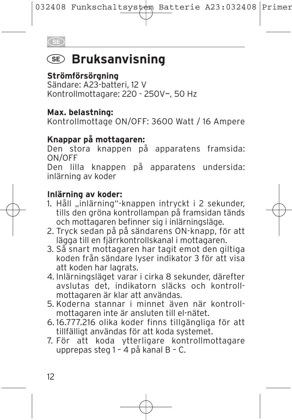 Bruksanvisning | Brennenstuhl Primera-Line Remote control set RC 3600 User Manual | Page 12 / 32