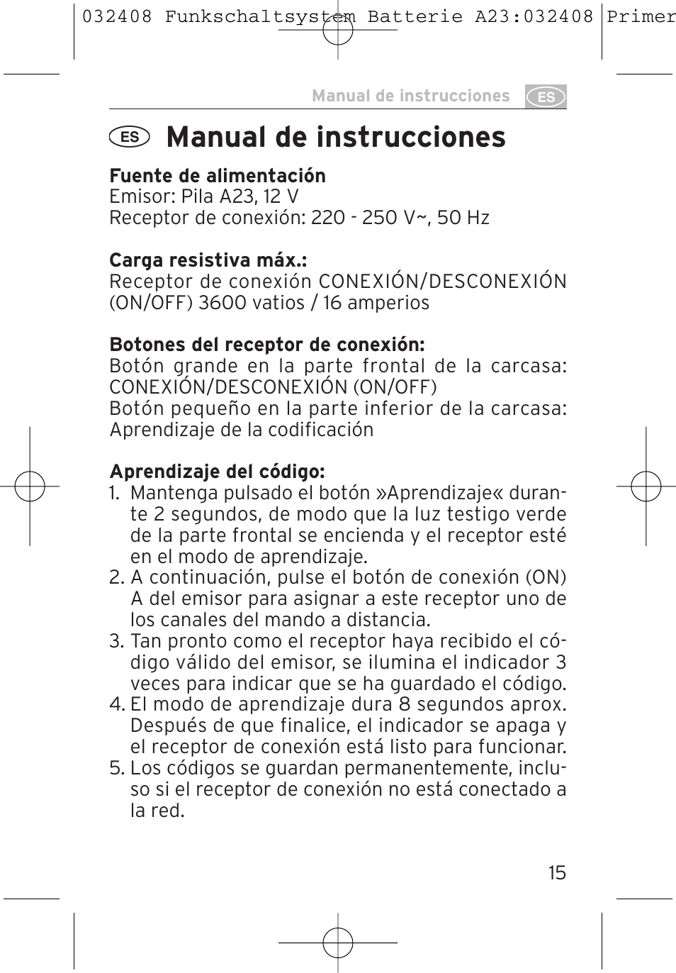 Manual de instrucciones | Brennenstuhl Primera-Line Remote control set RC 3600 User Manual | Page 15 / 32