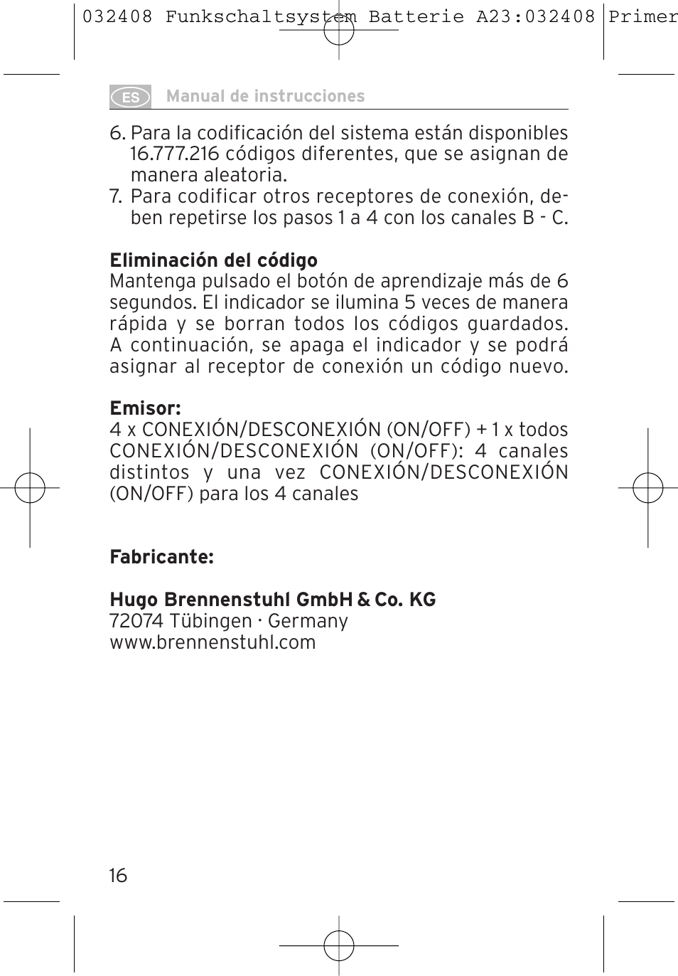 Brennenstuhl Primera-Line Remote control set RC 3600 User Manual | Page 16 / 32