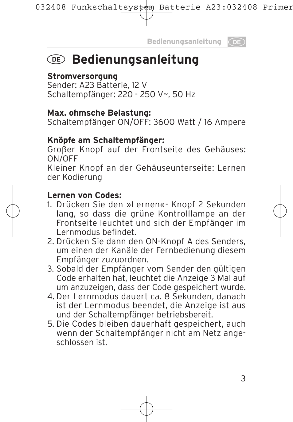 Bedienungsanleitung | Brennenstuhl Primera-Line Remote control set RC 3600 User Manual | Page 3 / 32