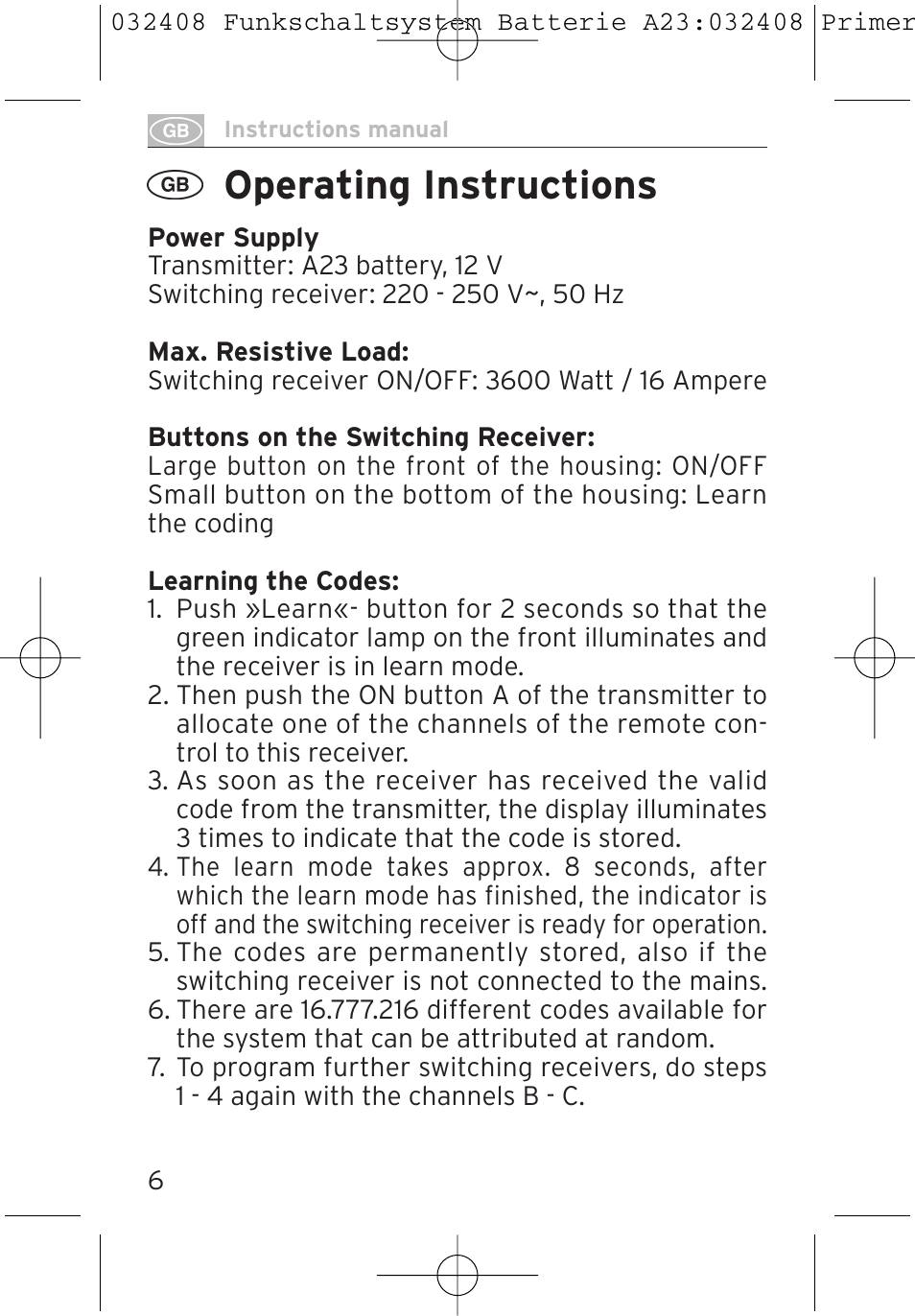 Operating instructions | Brennenstuhl Primera-Line Remote control set RC 3600 User Manual | Page 6 / 32