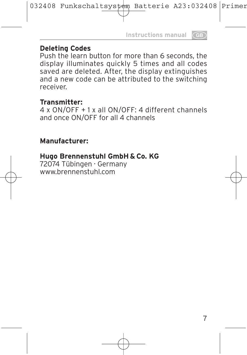 Brennenstuhl Primera-Line Remote control set RC 3600 User Manual | Page 7 / 32