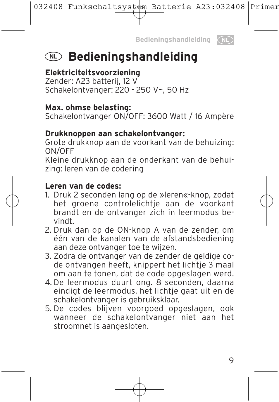 Bedieningshandleiding | Brennenstuhl Primera-Line Remote control set RC 3600 User Manual | Page 9 / 32