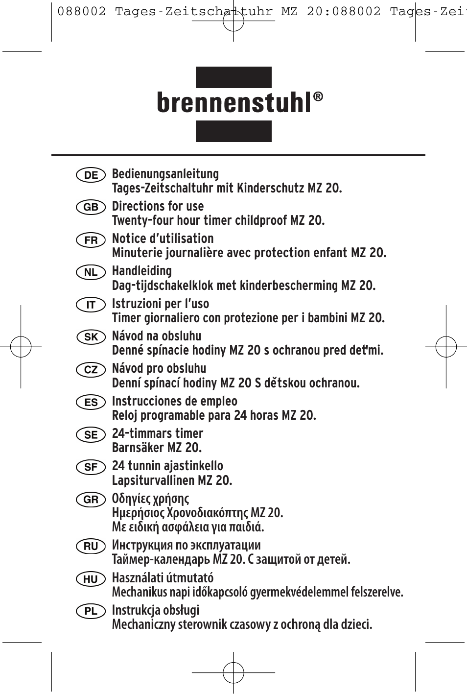 Brennenstuhl 24 hour Timer MZ 20 User Manual | 16 pages