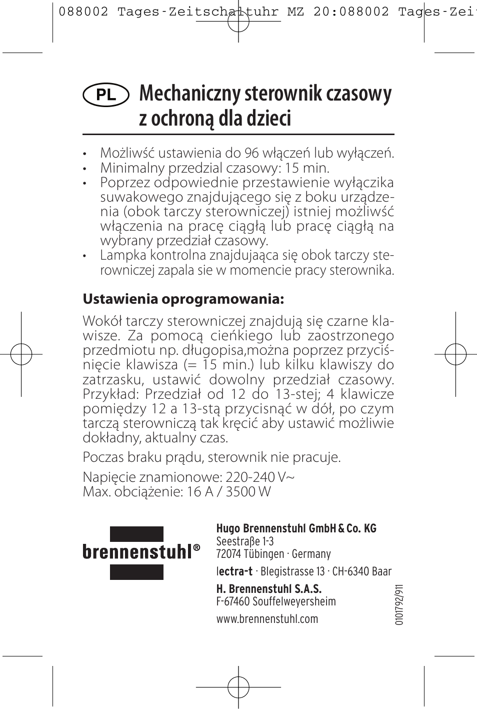 Mechaniczny sterownik czasowy z ochroną dla dzieci | Brennenstuhl 24 hour Timer MZ 20 User Manual | Page 16 / 16