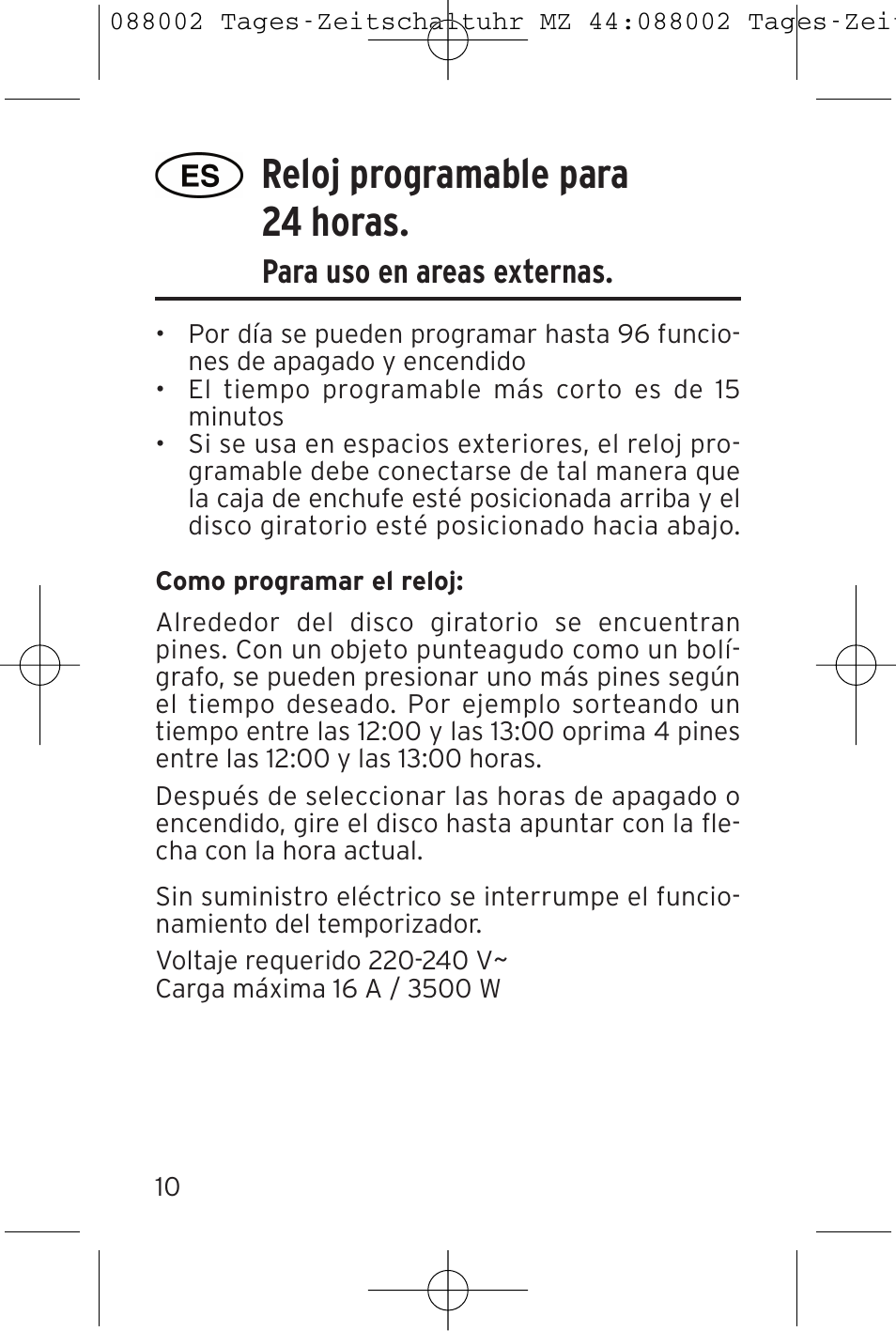 Reloj programable para 24 horas, Para uso en areas externas | Brennenstuhl 24 hour Timer MZ 44 IP44 User Manual | Page 10 / 16