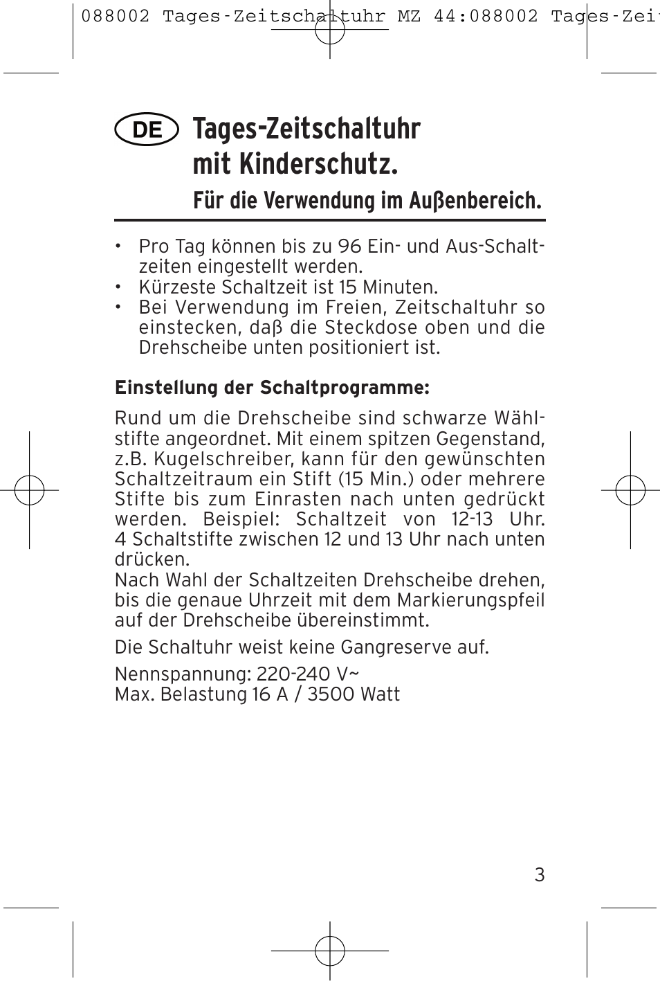 Tages-zeitschaltuhr mit kinderschutz, Für die verwendung im außenbereich | Brennenstuhl 24 hour Timer MZ 44 IP44 User Manual | Page 3 / 16
