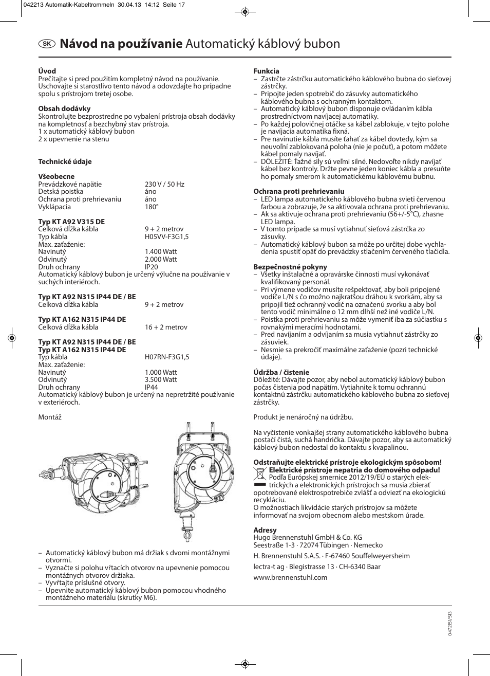 Návod na používanie automatický káblový bubon | Brennenstuhl Automatic Cable Reel IP20 9+2m H05VV-F 3G1,5 User Manual | Page 12 / 12