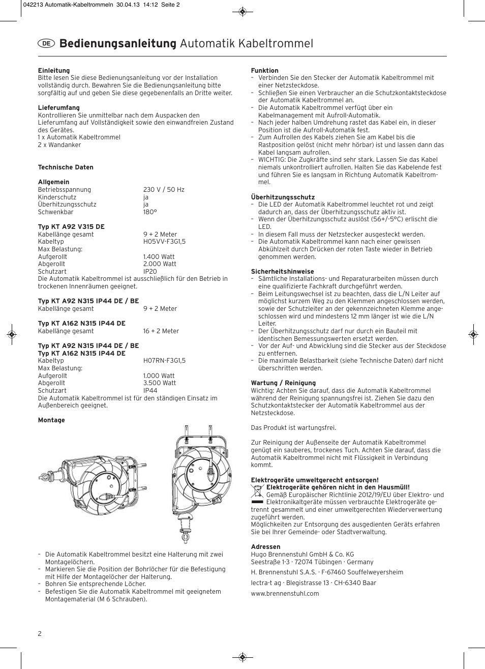 Bedienungsanleitung automatik kabeltrommel | Brennenstuhl Automatic Cable Reel IP20 9+2m H05VV-F 3G1,5 User Manual | Page 2 / 12