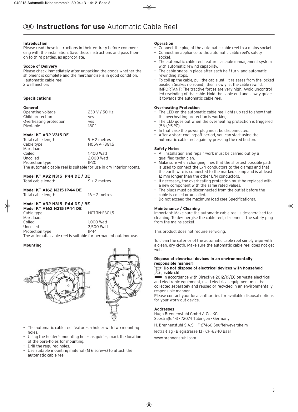 Instructions for use automatic cable reel | Brennenstuhl Automatic Cable Reel IP20 9+2m H05VV-F 3G1,5 User Manual | Page 3 / 12