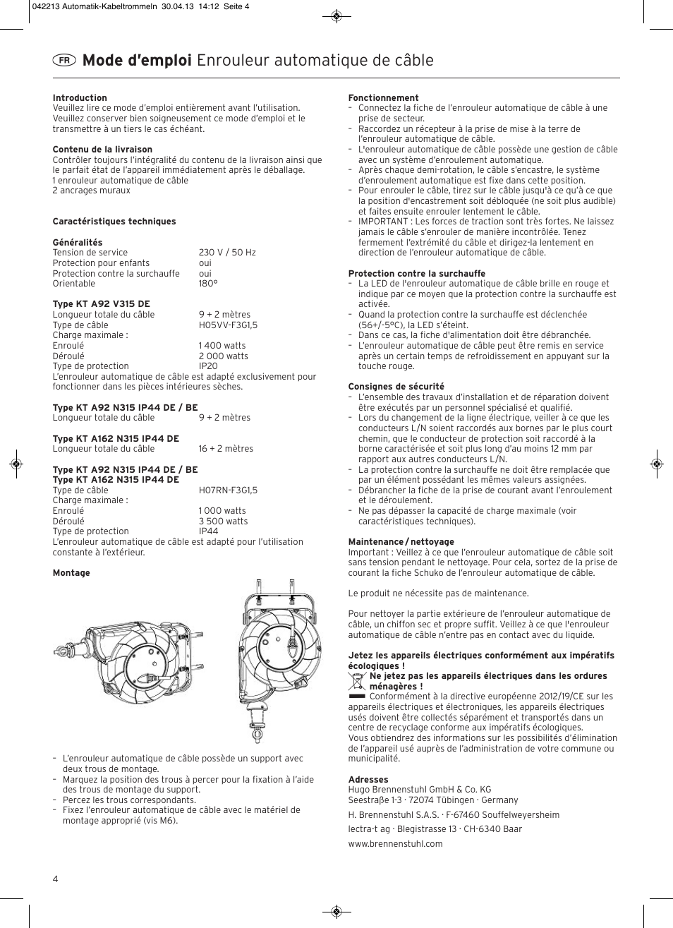 Mode d’emploi enrouleur automatique de câble | Brennenstuhl Automatic Cable Reel IP20 9+2m H05VV-F 3G1,5 User Manual | Page 4 / 12